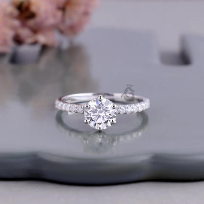 1.00 CT Round Lab Diamond Ring, Hidden Halo Six Prong Engagement Ring, Pave Wedding Band