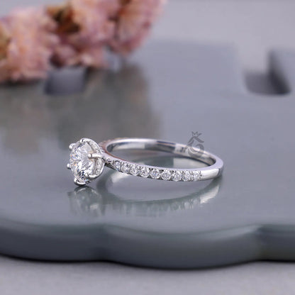 1.00 CT Round Lab Diamond Ring, Hidden Halo Six Prong Engagement Ring, Pave Wedding Band