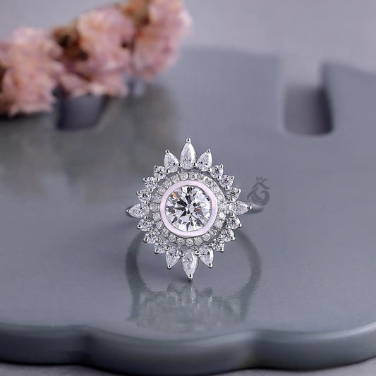Sunburst Double Halo Lab Diamond Ring, Round Cut Vintage Flower Engagement Ring