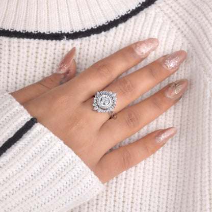 Sunburst Double Halo Lab Diamond Ring, Round Cut Vintage Flower Engagement Ring
