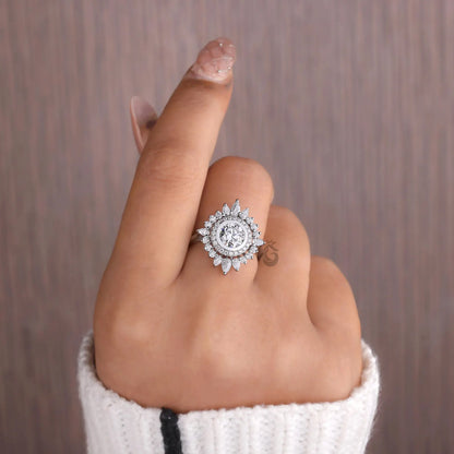 Sunburst Double Halo Lab Diamond Ring, Round Cut Vintage Flower Engagement Ring