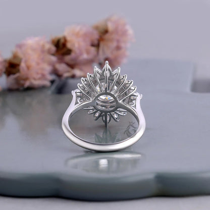 Sunburst Double Halo Lab Diamond Ring, Round Cut Vintage Flower Engagement Ring
