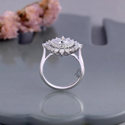 Sunburst Double Halo Lab Diamond Ring, Round Cut Vintage Flower Engagement Ring