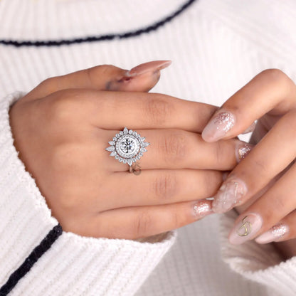 Sunburst Double Halo Lab Diamond Ring, Round Cut Vintage Flower Engagement Ring