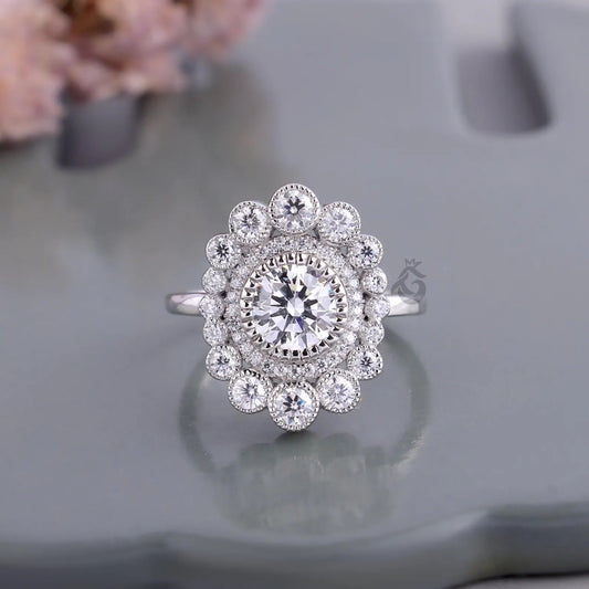 Vintage Double Halo Lab Diamond Ring, 1.80 TCW Milgrain Engagement Ring