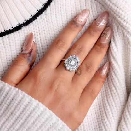 Vintage Double Halo Lab Diamond Ring, 1.80 TCW Milgrain Engagement Ring