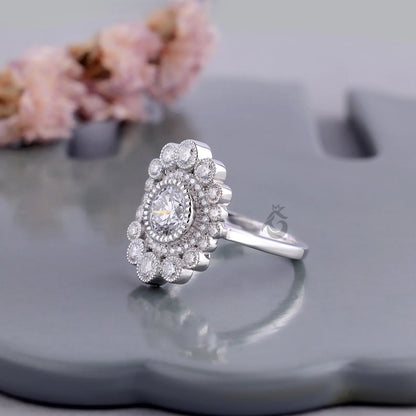 Vintage Double Halo Lab Diamond Ring, 1.80 TCW Milgrain Engagement Ring