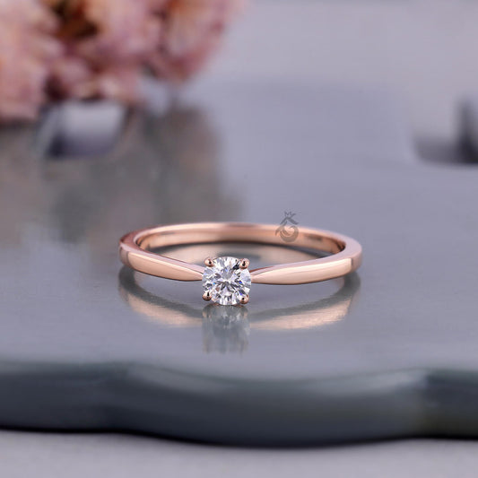 Dainty Round Lab Diamond Solitaire Ring, 4 Prong Minimalist Rose Gold Ring
