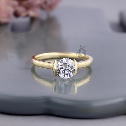 Half Bezel Lab Diamond Promise Ring, Dainty Solitaire Wedding Band for Her