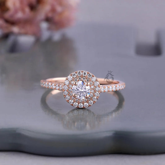 Double Halo Lab Diamond Engagement Ring, IGI Certified Round Cut Ring