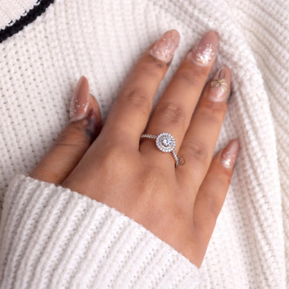 Double Halo Lab Diamond Engagement Ring, IGI Certified Round Cut Ring