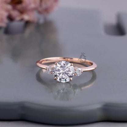 Round Three Stone Lab Diamond Ring, EF/VVS Promise Wedding Knife Edge Band
