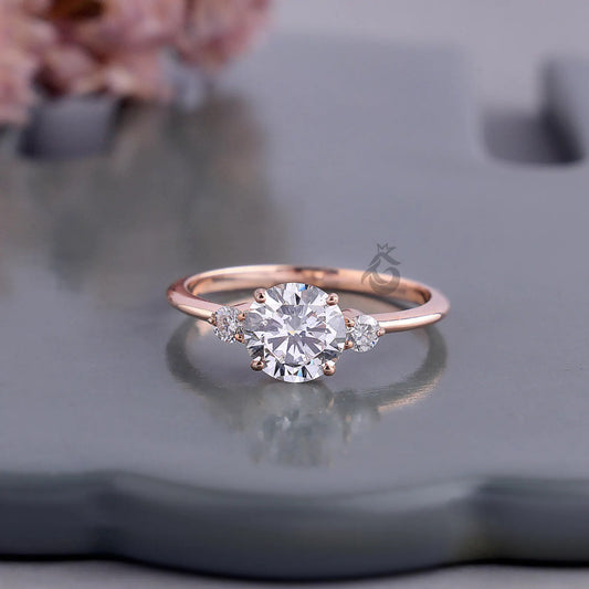 Round Three Stone Lab Diamond Ring, EF/VVS Promise Wedding Knife Edge Band