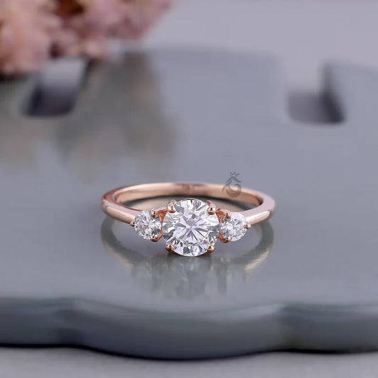 IGI Certified Three Stone Lab Diamond Ring, 14K Rose Gold Engagement Band