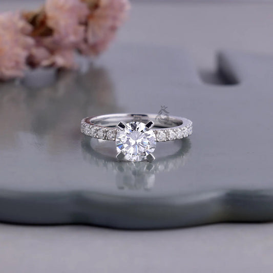 1.00 CT E/VVS Round Lab Diamond Ring, IGI Certified Pave Solitaire Engagement