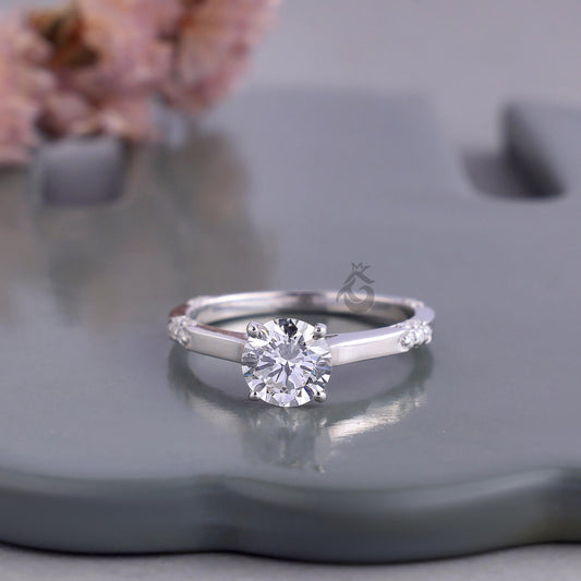 Lab Grown Round Diamond Solitaire Ring with Side Accents, Handmade Gift Ring