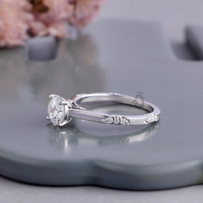 Lab Grown Round Diamond Solitaire Ring with Side Accents, Handmade Gift Ring