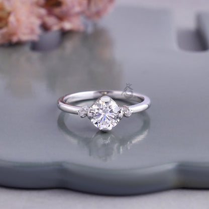 Semi Bezel Round Lab Diamond Engagement Ring with Side Accents, Gold Bridal Ring