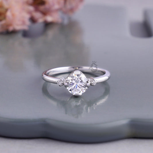 Semi Bezel Round Lab Diamond Engagement Ring with Side Accents, Gold Bridal Ring