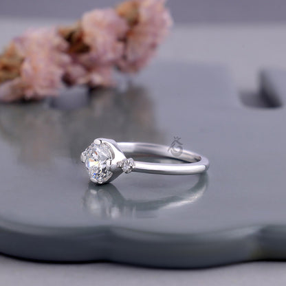 Semi Bezel Round Lab Diamond Engagement Ring with Side Accents, Gold Bridal Ring