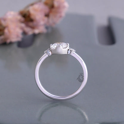 Semi Bezel Round Lab Diamond Engagement Ring with Side Accents, Gold Bridal Ring