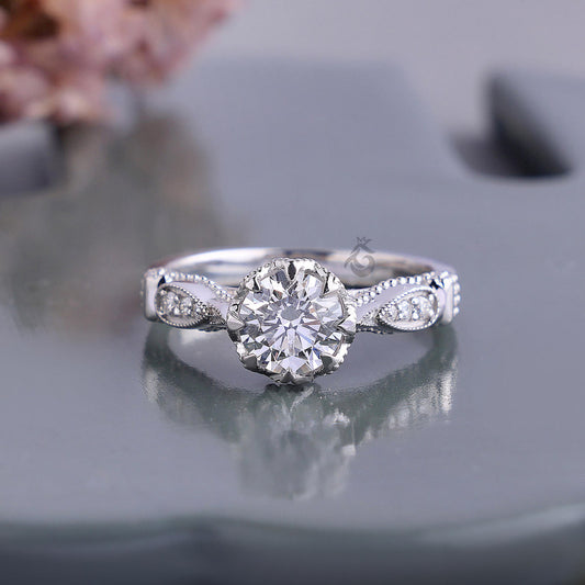 Vintage Round Lab Diamond Engagement Ring, IGI Certified Milgrain Wedding Ring