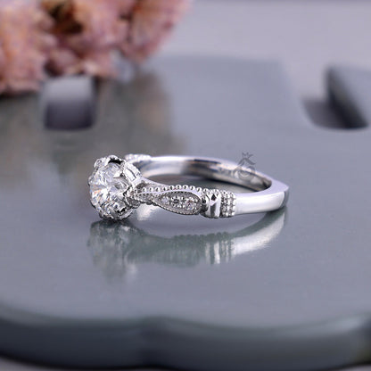Vintage Round Lab Diamond Engagement Ring, IGI Certified Milgrain Wedding Ring