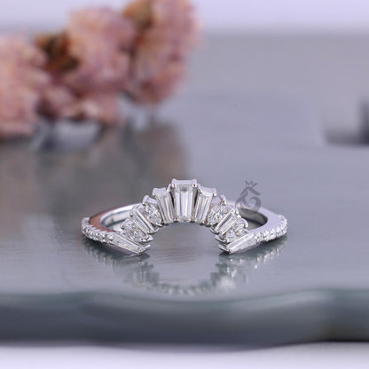 Vintage Curved Baguette Moissanite Wedding Band, Half Eternity Matching Ring