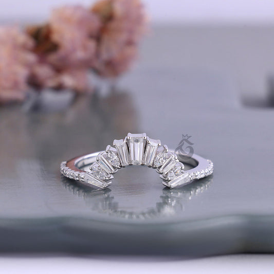 Vintage Curved Baguette Moissanite Wedding Band, Half Eternity Matching Ring