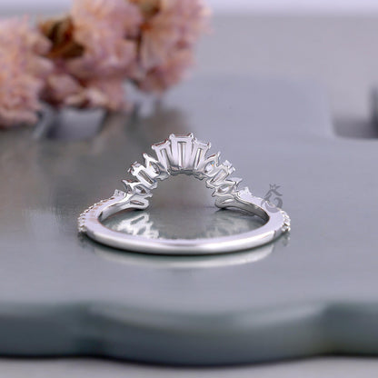 Vintage Curved Baguette Moissanite Wedding Band, Half Eternity Matching Ring