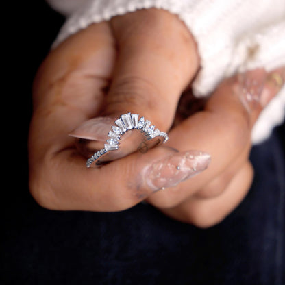Vintage Curved Baguette Moissanite Wedding Band, Half Eternity Matching Ring