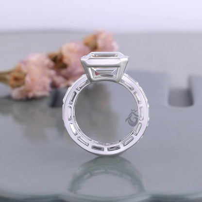 East West Emerald Cut Moissanite Engagement Ring with Channel Band