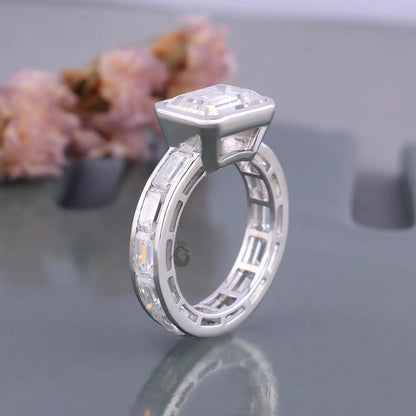 East West Emerald Cut Moissanite Engagement Ring with Channel Band