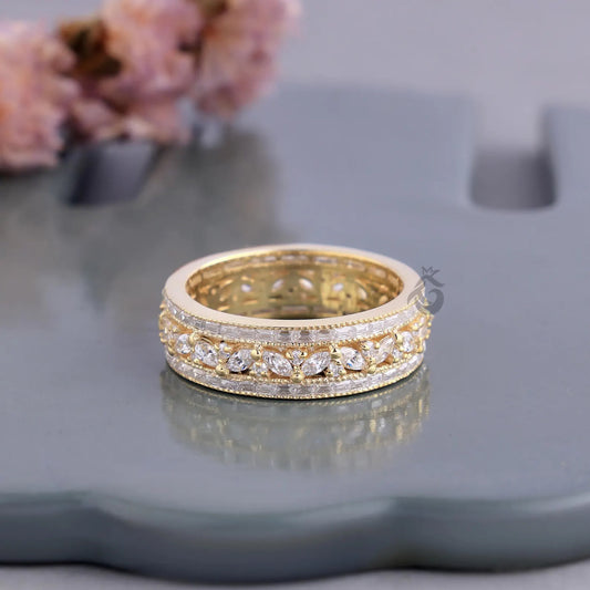 Vintage Three Row Moissanite Eternity Band, Baguette & Marquise Cut Ring