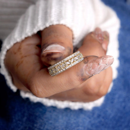 Vintage Three Row Moissanite Eternity Band, Baguette & Marquise Cut Ring