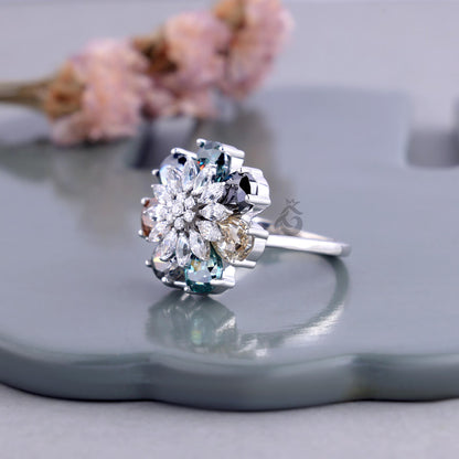 Pear Cut Moissanite Flower Ring, Multicolor Cluster Art Deco Engagement Ring
