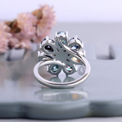 Pear Cut Moissanite Flower Ring, Multicolor Cluster Art Deco Engagement Ring