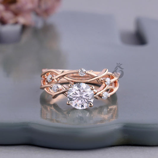 Round Diamond Vine Engagement Ring Set, Twisted Leaf Lab Diamond Bridal Ring