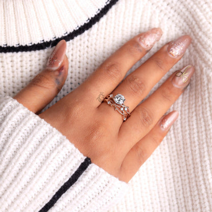 Round Diamond Vine Engagement Ring Set, Twisted Leaf Lab Diamond Bridal Ring