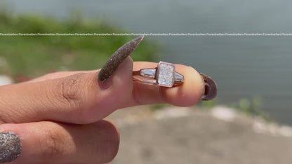 Radiant Cut Moissanite Bezel Ring, Three Stone Baguette, 14K Rose Gold