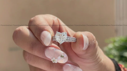 2.58CT Heart Cut Moissanite Engagement Ring, Three-Sided Pave, 14K White Gold