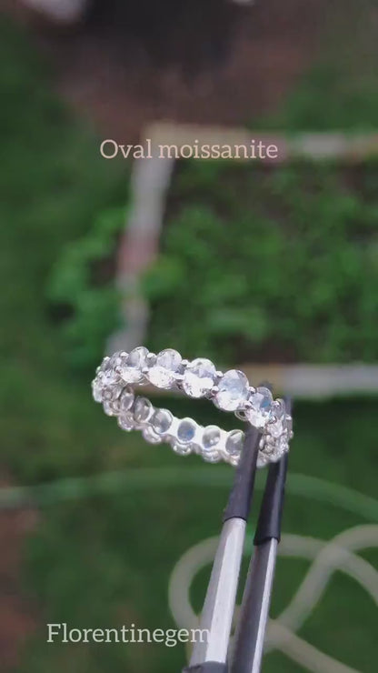 Oval Moissanite Full Eternity Ring, Stackable Wedding Band, 925 Sterling Silver Anniversary Ring