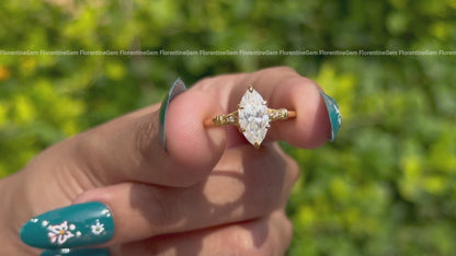 1.4CT Marquise Moissanite Ring, Hidden Halo, 14K Yellow Gold