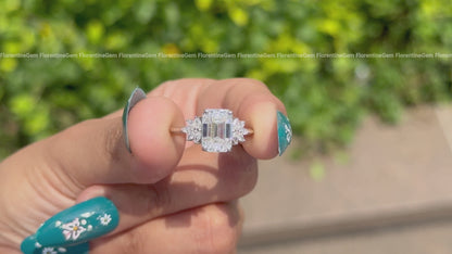 Vintage Emerald Cut Moissanite Cluster Halo Ring, 10K Gold, Knife-Edge Band