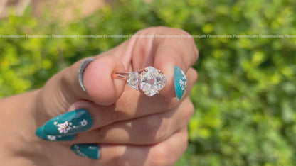 Antique Old Mine Oval Moissanite Three-Stone Ring, Half Moon Side Stones