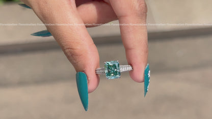 Art Deco 3.8CT Blue Green Radiant Moissanite Ring, 3-Sided Pave, 14K White Gold