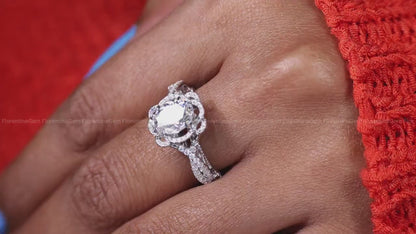 1.67CT Oval Cut Moissanite Engagement Ring – 14K White Gold Art Deco Vintage Floral Milgrain Ring