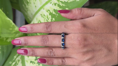 Oval Blue Sapphire Wedding Band – 14K Gold Round Halo Moissanite Stacking Ring