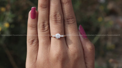 Round Moissanite 3-Stone Engagement Ring, Baguette Solitaire, 14K Rose Gold