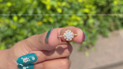 Art Deco 6.5MM Cushion Moissanite Halo Ring, Floral Design, 14K Yellow Gold